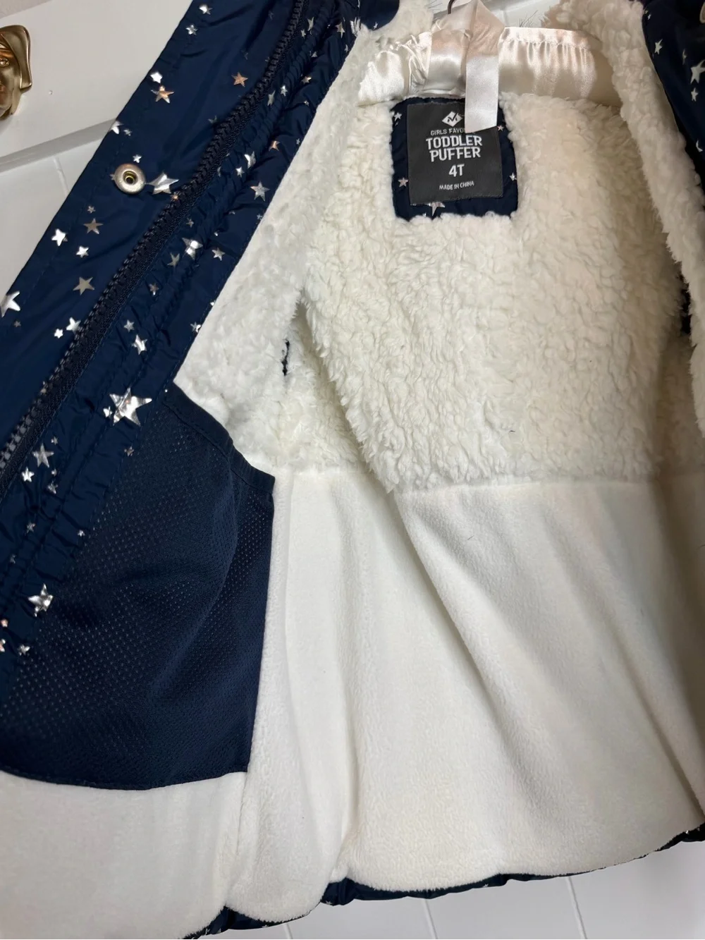 Girls' Navy Star-Print Hooded Puffer Coat with Faux-Fur Trim